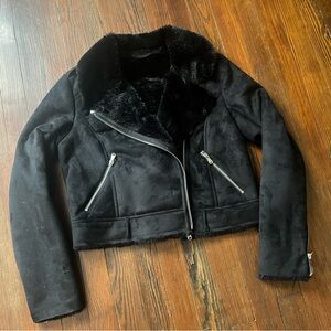 Black Faux Fur Lined Jacket with Silver Zippers